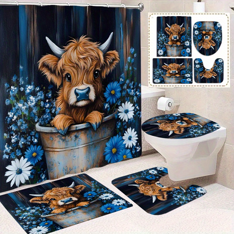 TEMU 4pcs Highland Cow Scottish Cow Bathroom Set - Blue Flower & Rustic Farmhouse Shower Curtain With Includes 12 Hooks, Shower Curtain, Bath Mat,