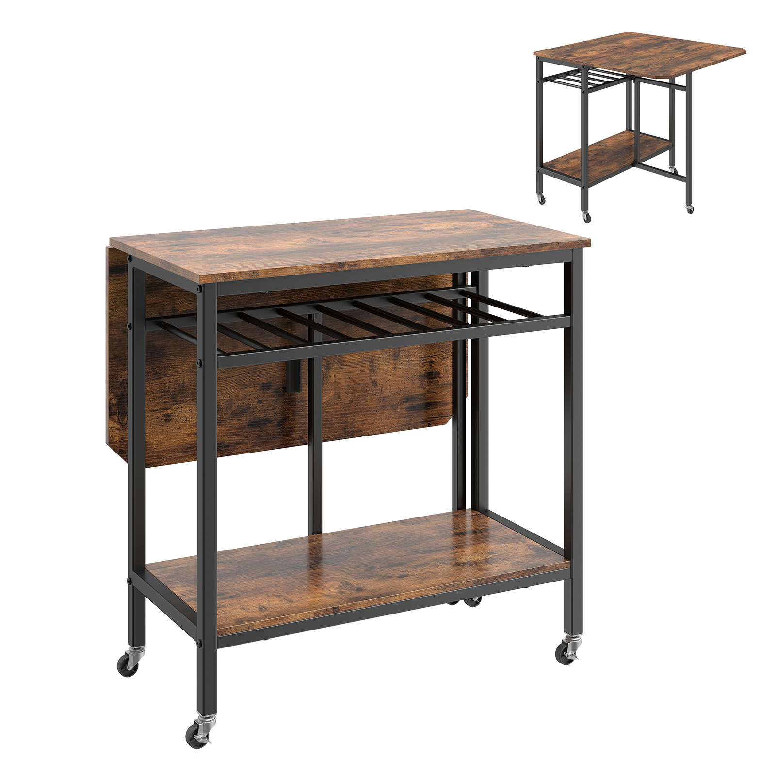 Image of Folding Dining Table, Movable Kitchen Table With Wine Rack, Storage Shelf And Wheels, Expandable Laptop Desk Furniture For Small Room Apartment