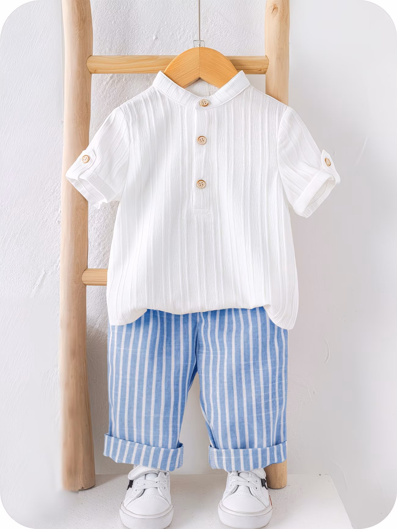 ensemble 2 pièces pour enfants, style dété, comprenant une chemise à manches courtes et col , et un pantalon décontracté à rayures, idéal pour lextérieur. 0
