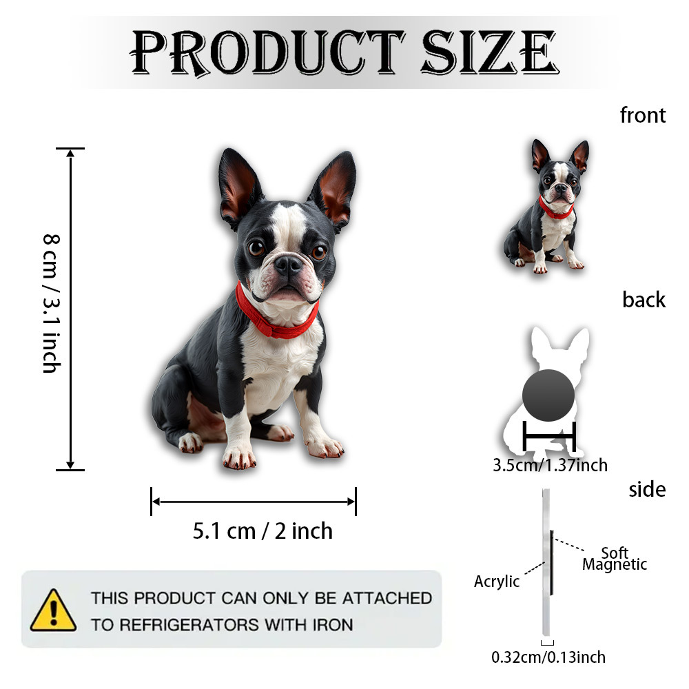 TEMU 1 pieza de un imán 2D de acrílico y goma, con una adorable figura de terrier de Boston de forma juguetona, adornado con un collar y un . Una