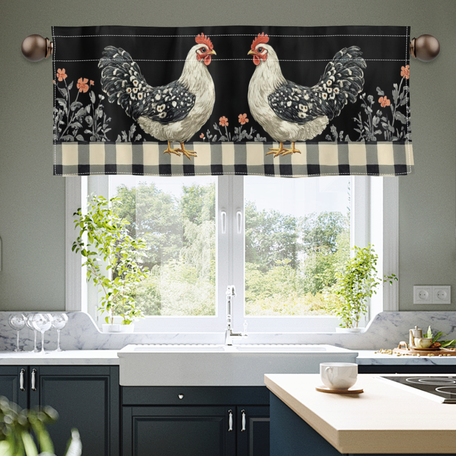 

1pc Modern Black And Print Polyester Valance - Semi-transparent Top Curtain With Dual Rod Pockets For Living Room, Hand Washable, Space-themed Window Treatment