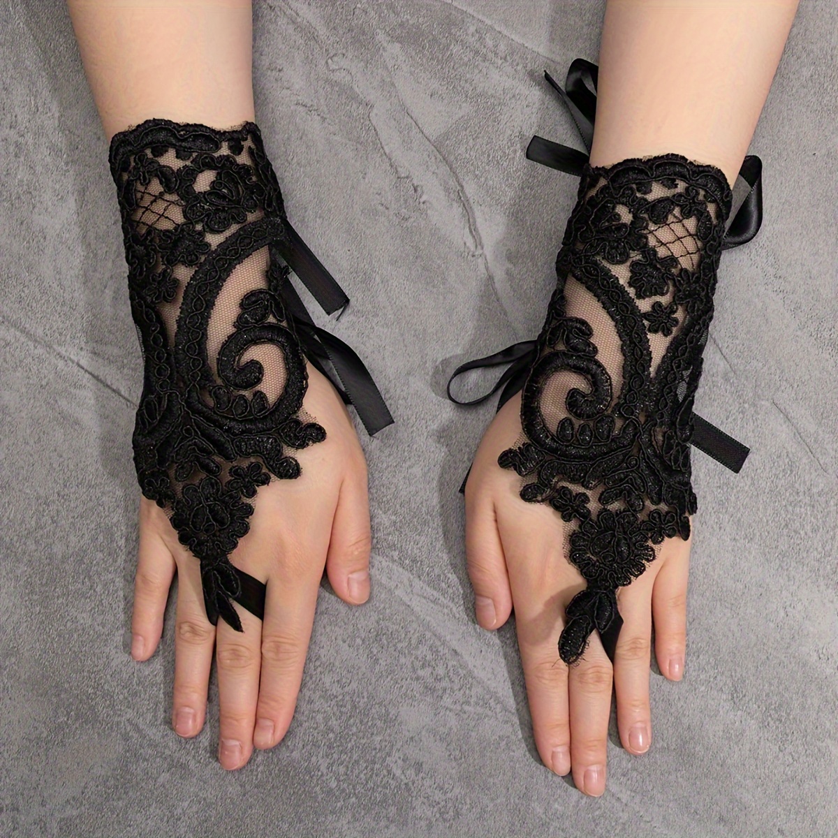 TEMU Stylish Black Lace Gloves Without Fingers For Women - Featuring Detailed Floral Designs, A Flexible Wristband, And Breathable Polyester Material