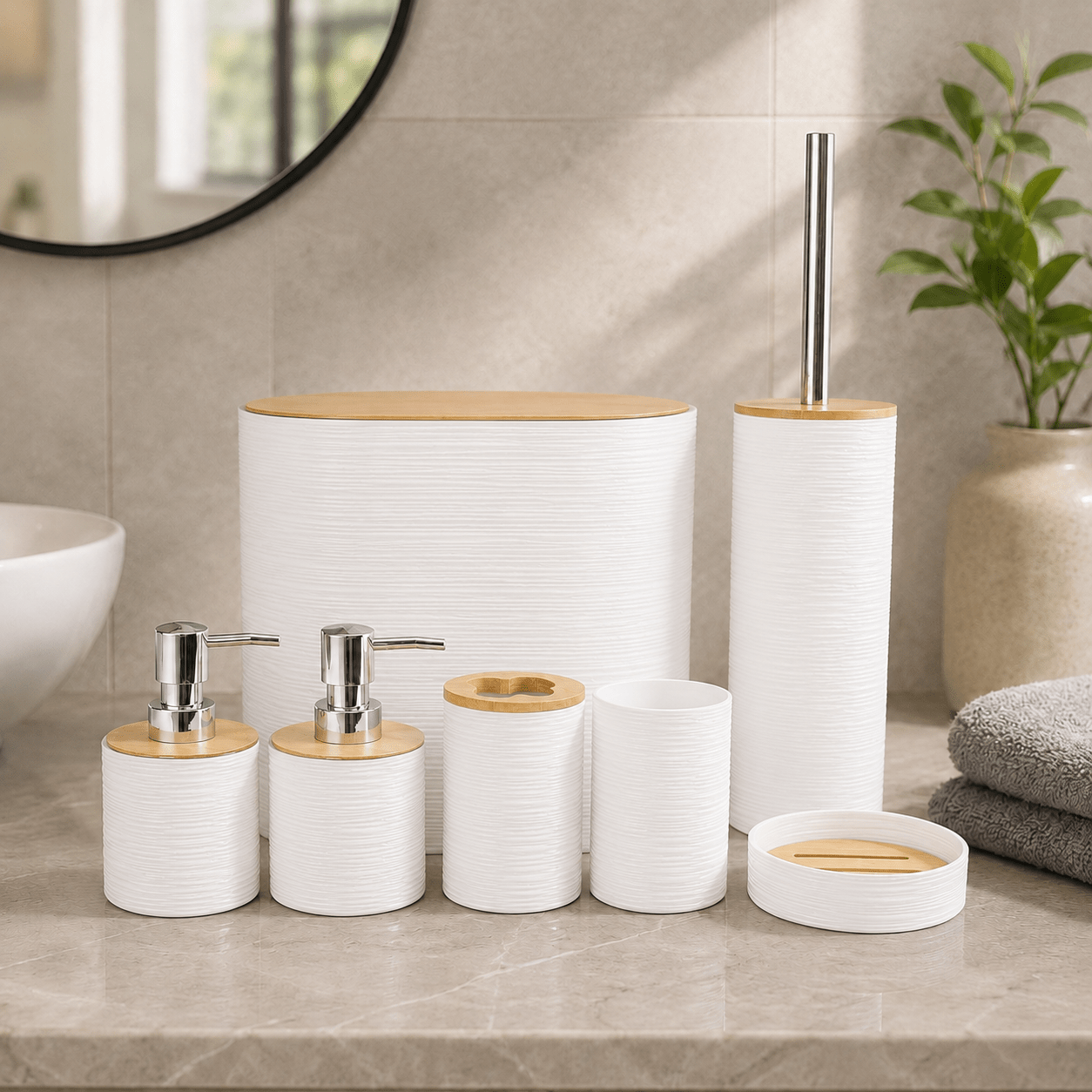 TEMU Juego de organizador de baño, set de 7 piezas de accesorios de baño con papelera para rendijas, cepillo para inodoro con mango de metal, 2