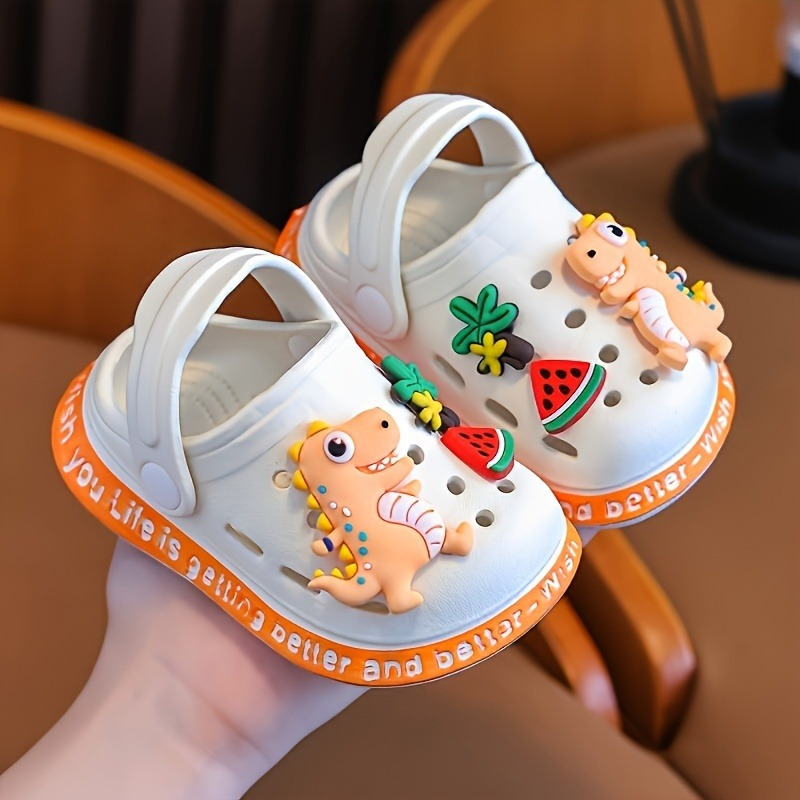 Kids' EVA Clogs with Cartoon Dinosaur Charms | Soft Sole Slip-On Sandals for Boys & Girls | Multi-Color Watermelon & Fruit Designs | Comfortable Indoor/Outdoor Footwear | Lightweight, Breathable Summer Shoes, Casual Children's Footwear | Cartoon Dinosaur Design | Comfortable Footwear