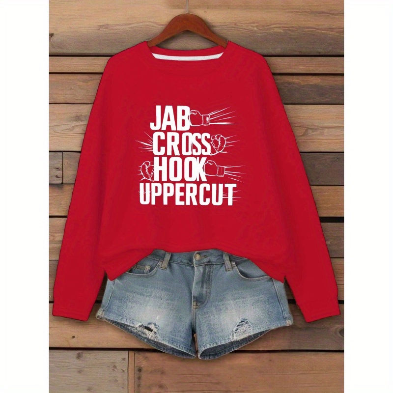 

Women's "jab Hook Uppercut" Boxing Graphic Sweatshirt - Red Polyester, Crew Neck, For Fall & Spring, Machine Washable, Fall Spring Apparel|boxing Themed Apparel|polyester Sweatshirt