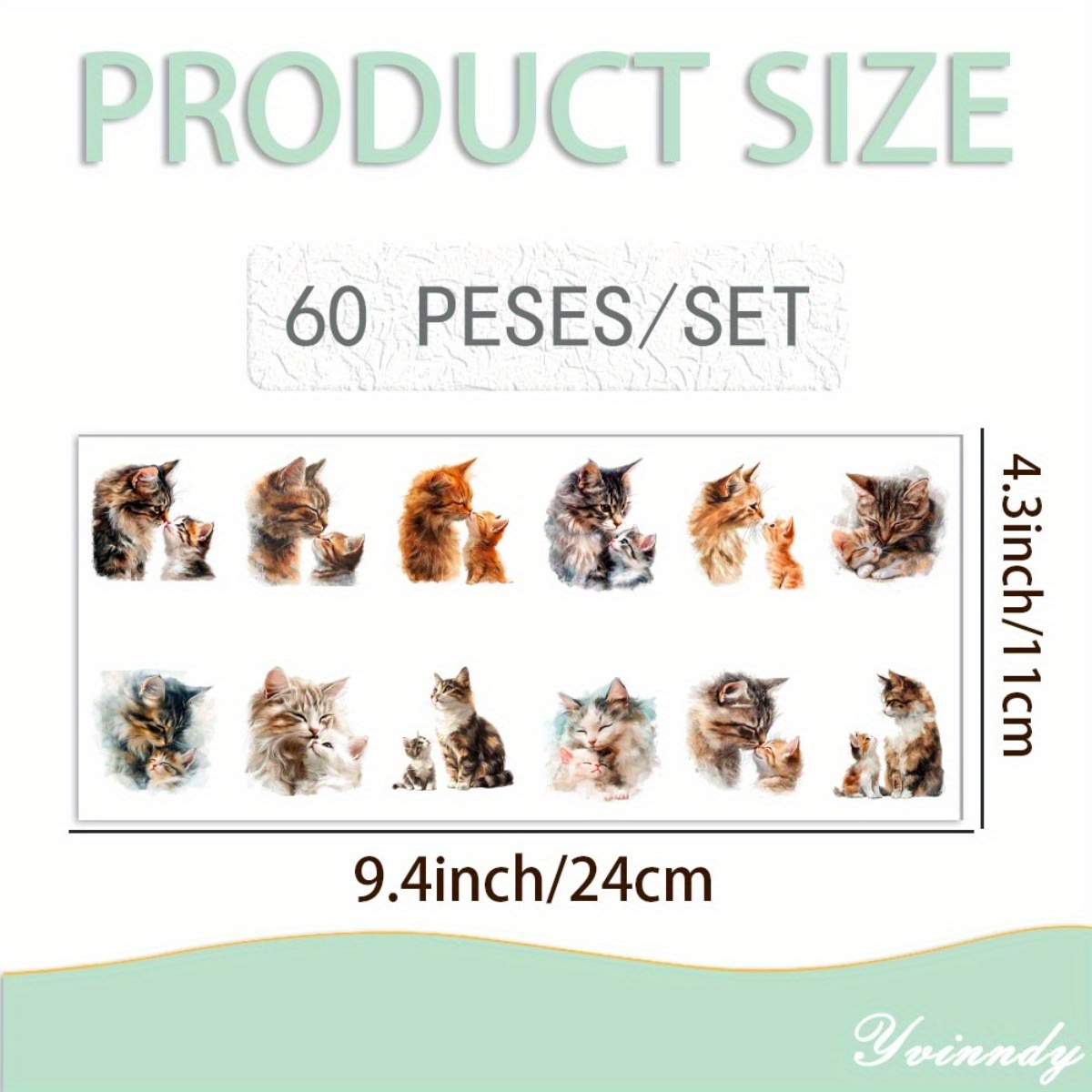 TEMU 60pcs Chat Mère et Chaton Aquarelle UV DTF Transfert Adhésif Durable Haute Viscosité Adapté aux Bricolages DIY Fournitures de Bureau et