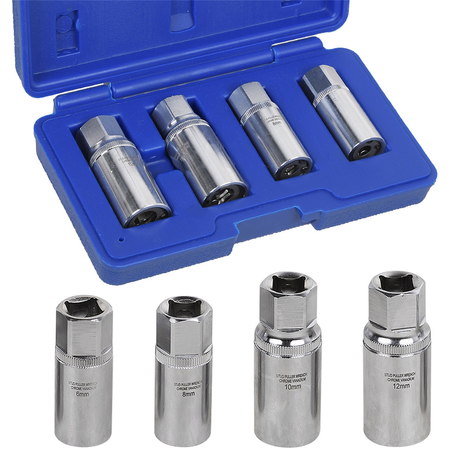 Set Of Sockets For Extracting Studs In Sizes 6mm, 8mm, 10mm, And 12mm