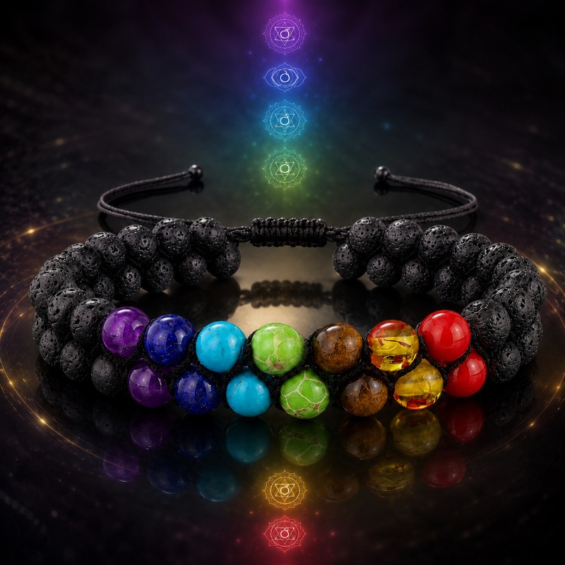 Rainbow Chakra Yoga Natural Stone Bead Bracelet, Adjustable