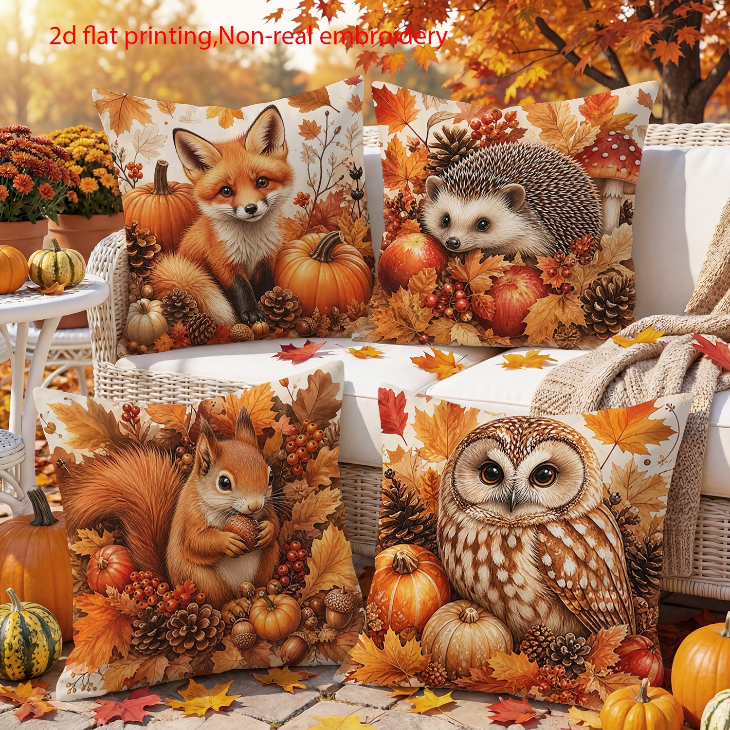 TEMU 4pcs, Decorative Pillowcases, Fox Hedgehog Squirrel Owl Pumpkin Pattern Printed Pillowcases, Forest Retro Style, Zipper Closure Covers, Gift For