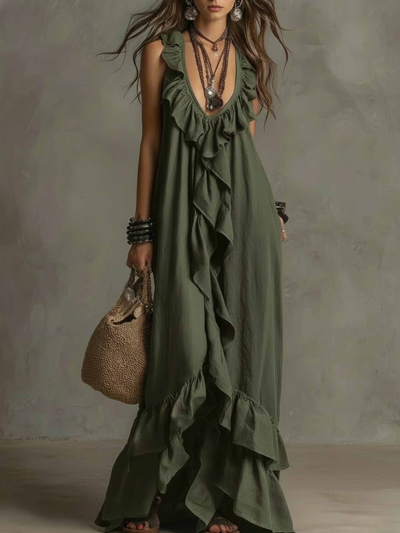 immagine dell'articolo nuovo abito estivo da donna casual in stile bohémien   con scollo a v, maniche corte, con volant   retrò