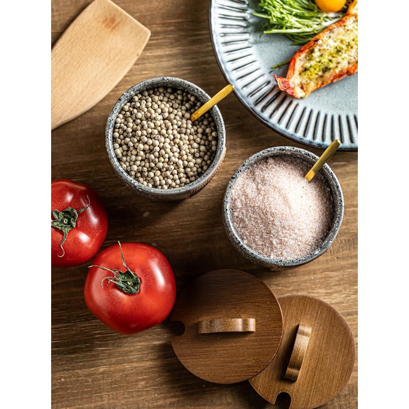 ceramic salt and pepper bowl set with marble like gray wood lid 10oz salt shaker container pepper grinder holder dishwasher rustic countertop organizer with spoons compatible with salt pepper cellar Product details 4