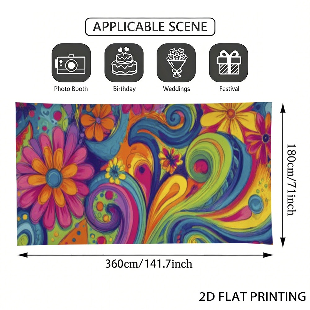 TEMU 1pc Hippie Door Banner With Fixing Rope - Colorful Groovy Swirls & Floral Decorations Suitable For Outdoor/ Use, Polyester Banner For Fence,