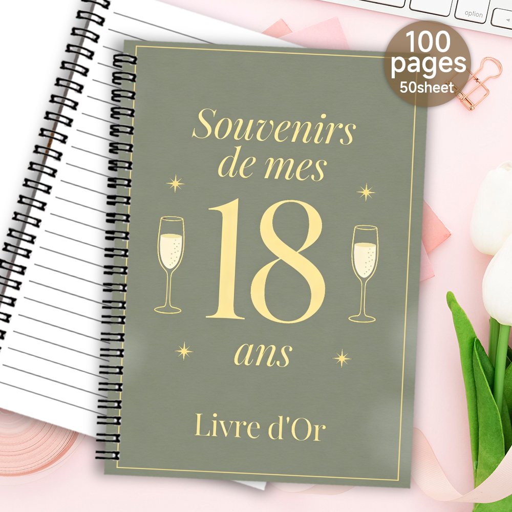 TEMU 1 pièce 'or et livre à souvenirs spirale français - Album de livre doré avec motif de flûtes de champagne, convient pour 18e anniversaire, liste