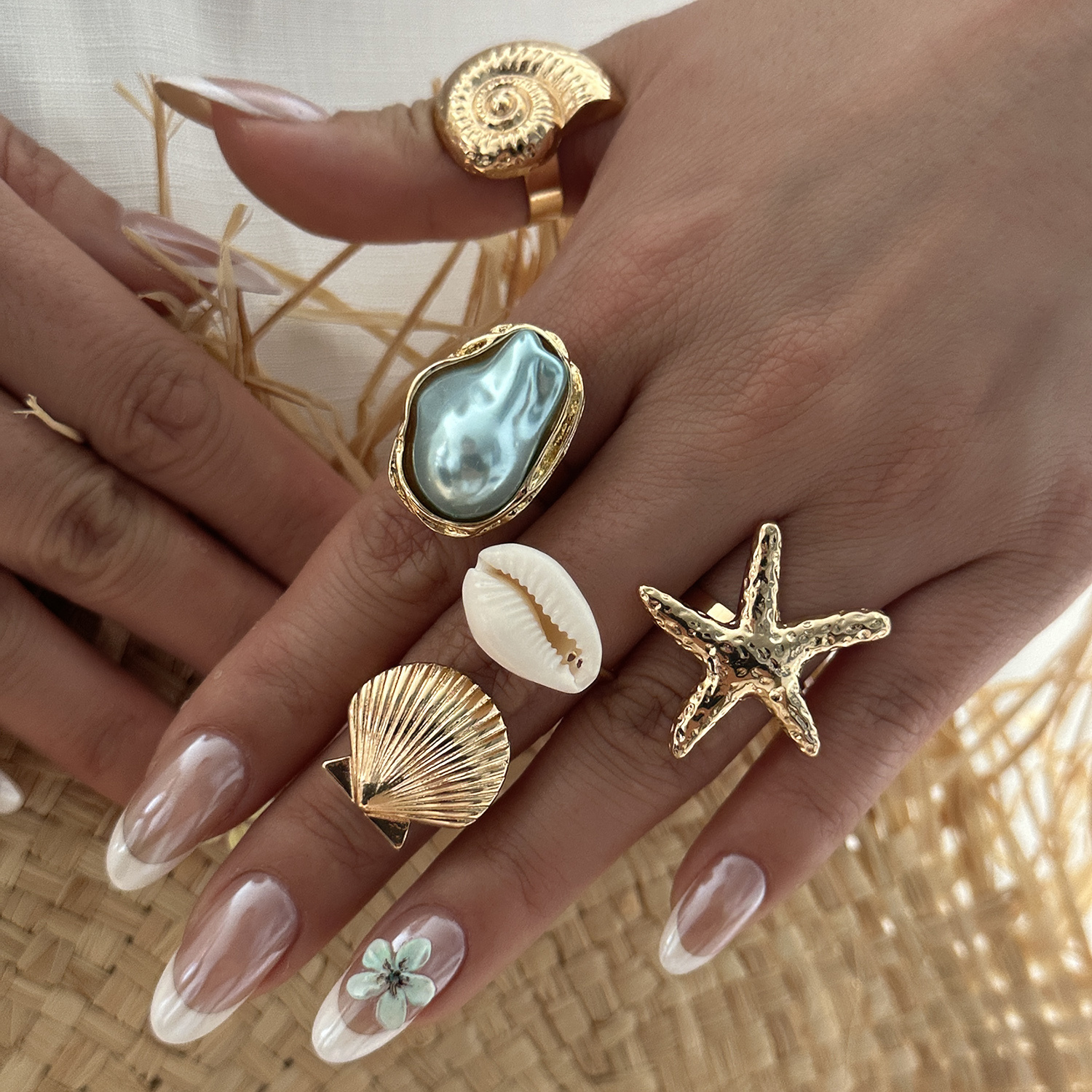 TEMU 5pcs Set Women's Ocean-themed Ring Set, With Starfish, Seashell, Conch, And Baroque, Alloy Metal Rings With Seashell And Materials, Suitable For
