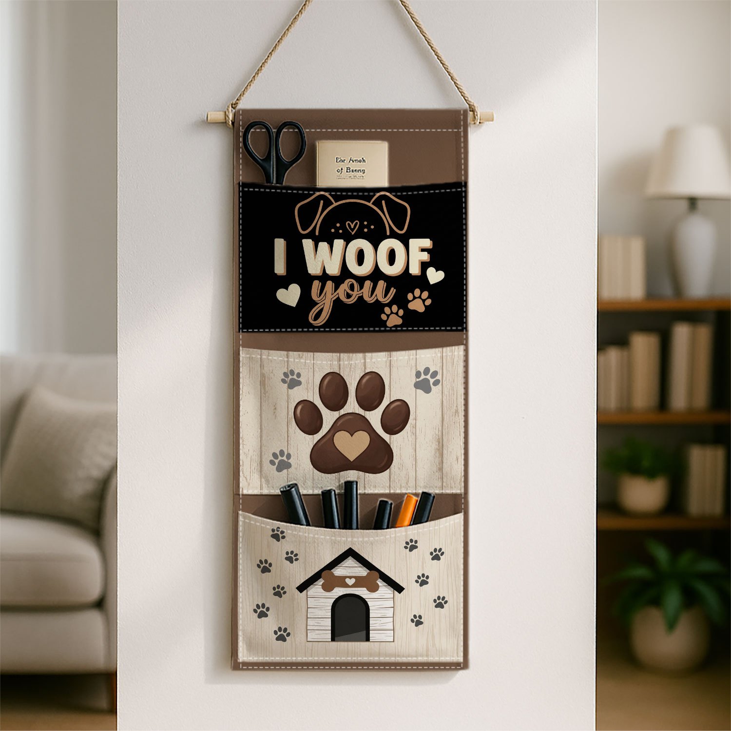 TEMU 1pc Modern Minimalist Dog Paw Wall-mounted Hanging With 3 Pockets - "i You" Fabric Storage Bag Suitable For Home, Dorm, - Black & Beige For