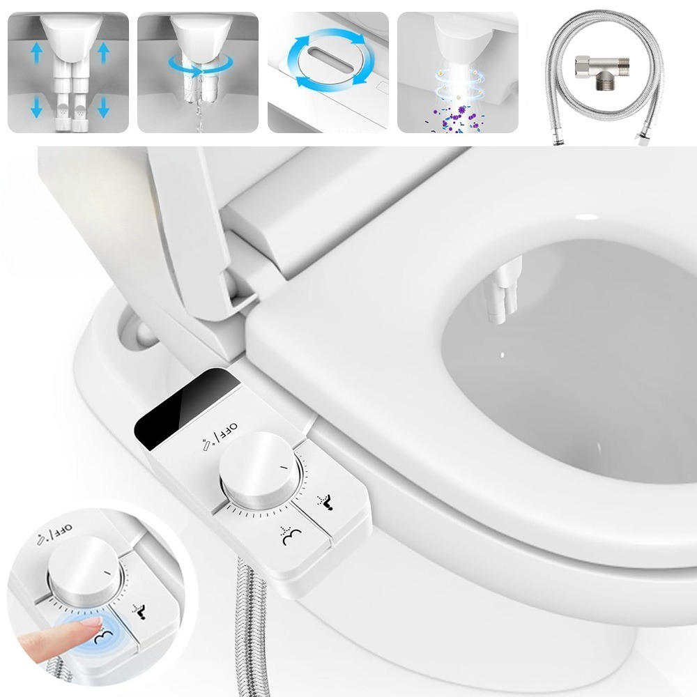 Image of Dual Nozzle Toilet Bidet Attachment, Adjustable Water Pressure, Installation, Hygienic Bathroom Accessory For Daily Personal Care & Home Hygiene