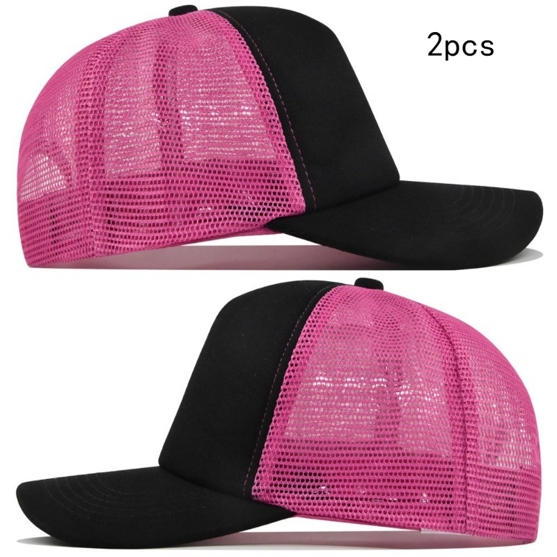 TEMU Summer Breathable Mesh Baseball , Black-front & Rose-red-back Color- Trucker Hat, 2pcs