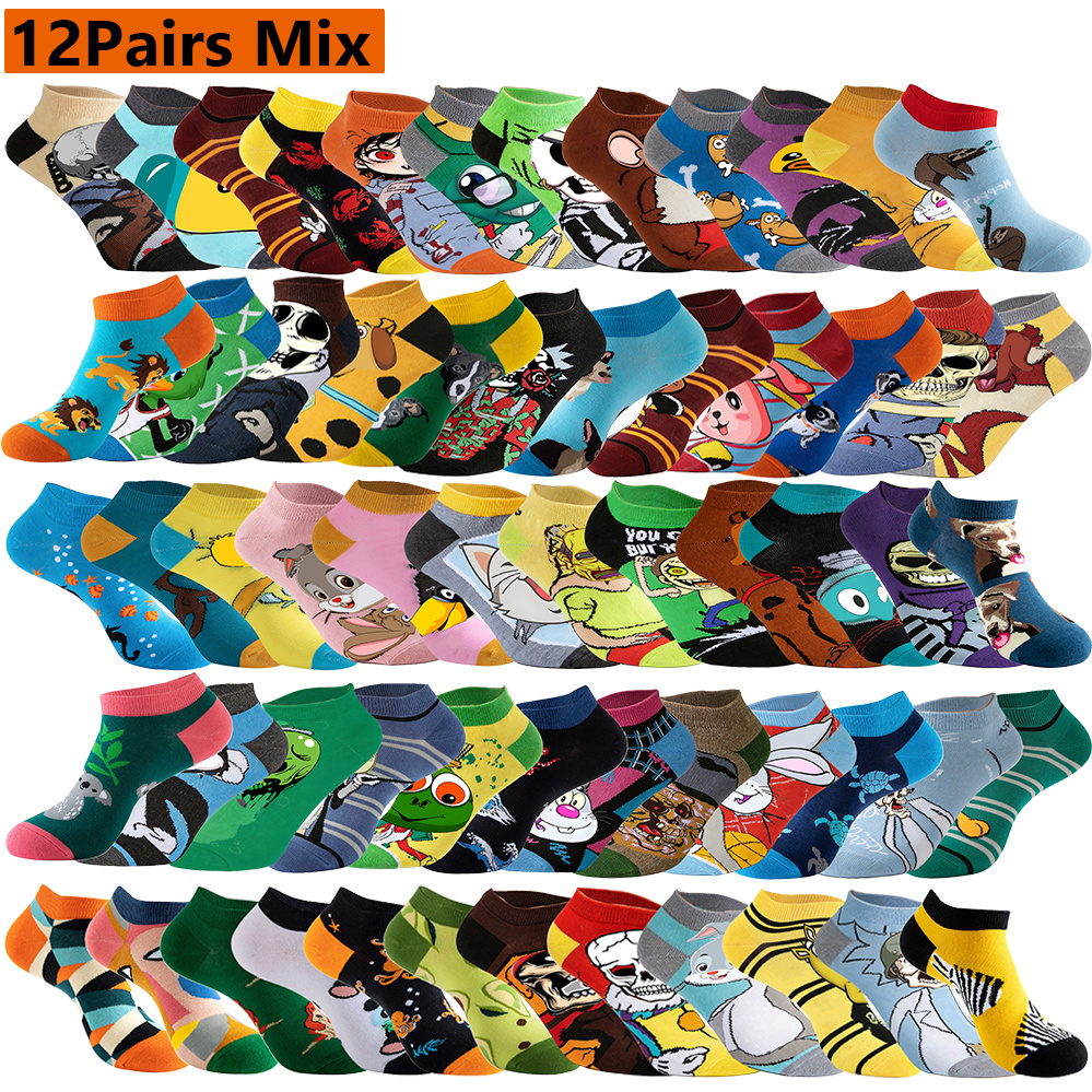 TEMU 12pairs Random Trendy Spring Summer Animal Print Socks Men Women Cartoon Rabbit Duck Sloth Flamingo Bear Skull Novelty Funny Short Boat Socks