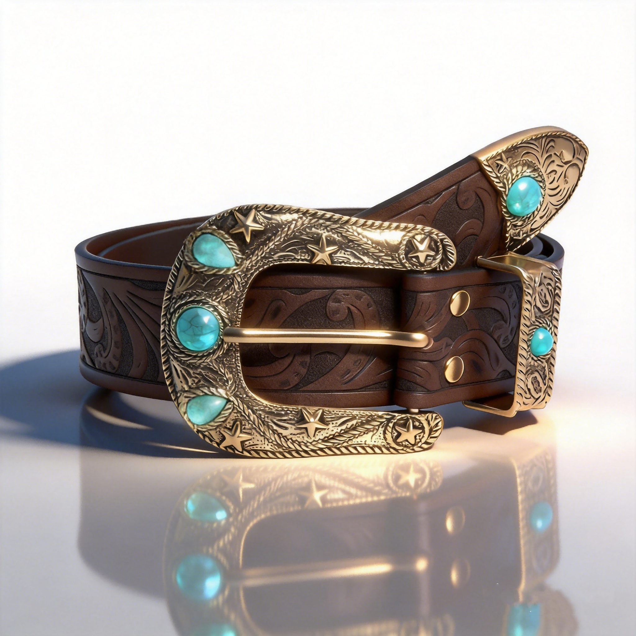 TEMU Women's Vintage Turquoise Western Belt With Boho Brown Floral Embossed Strap & Ornate Golden - Cowgirl Waist Belt Suitable For Jeans, Wedding,,