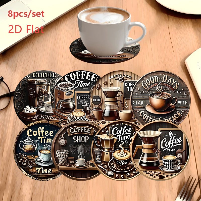 TEMU 8pcs Set Coasters, 2d Flat Design Heat Insulation Pads, Home Dining Table Anti-scald And Non-slip Mats, Coffee Themed Decorative Pads, 2d Flat