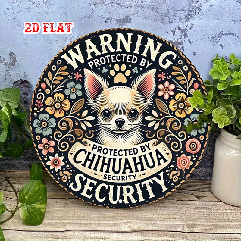 TEMU Art mural en métal plat 2D rond avec avertissement de sécurité pour petit chien - Panneau en aluminium de 19,99 cm avec motif floral, fond noir,