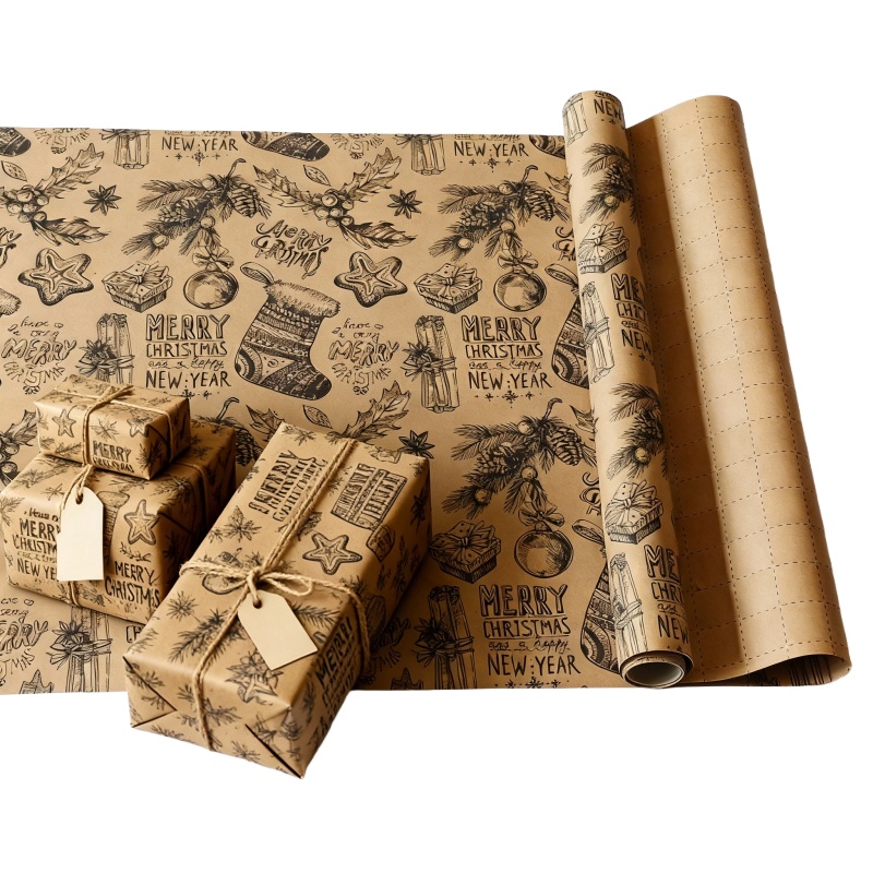 1 Roll Vintage Christmas Wrapping Paper Suitable For - Elegant Brown With Daisies, Snowflakes, Bells, Stars & Candy Canes - 17x2 Inch Core, Seasonal Gift Wrap, Durable Holiday Packaging Paper