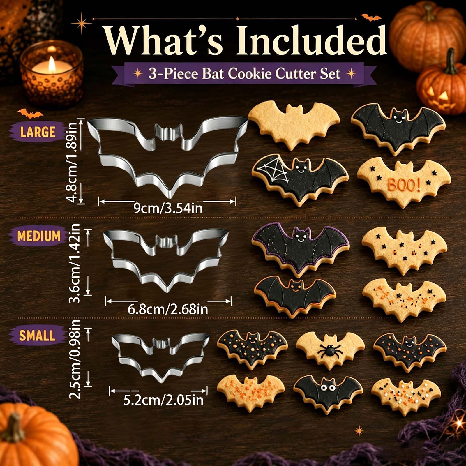 TEMU Halloween Cookie Cutter Set Of 3, Bat-shaped Stainless Steel Cutters, For Handmade Baking, Suitable For Halloween Party Food Decoration