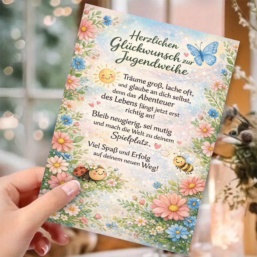 E-shop Eine Grußkarte mit einer Umschlag, diese verspielte Blumen-Gratulationskarte ist für die Jugendweihe oder die Erstkommunion geeignet. Sie zeigt