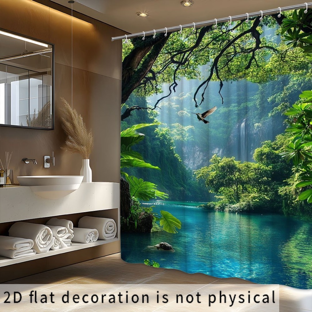 TEMU 2d Flat, 2d Curtain 1pc, Tropical Waterfall Paradise Shower Curtain, Bathroom Decor, Features A And Ethereal Atmosphere, Includes Hooks, ,