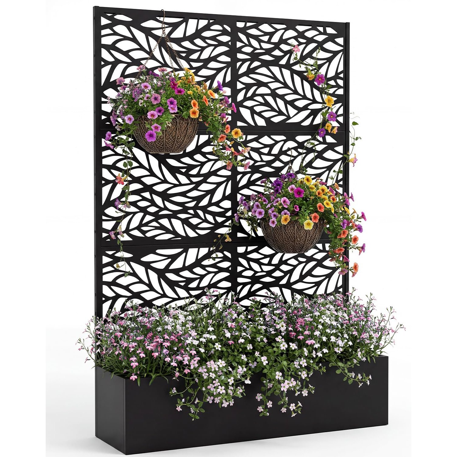 71" Metal Raised Planter Box With Trellis, Outdoor Garden Bed, Privacy Screen & Drainage Holes, Ideal For Climbing Plants, Vegetables, Vines, Black