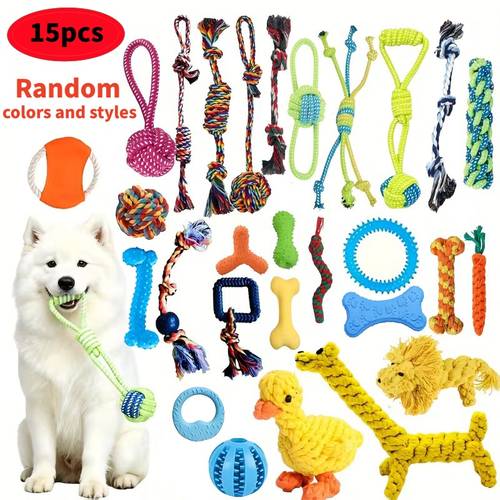 15pcs pet dog chew toy set assorted styles and colors interactive rope knot with spikes durable bite resistant interactive rope toy for small to medium dogs reinforced stitching and long lasting material design accessory dog rope