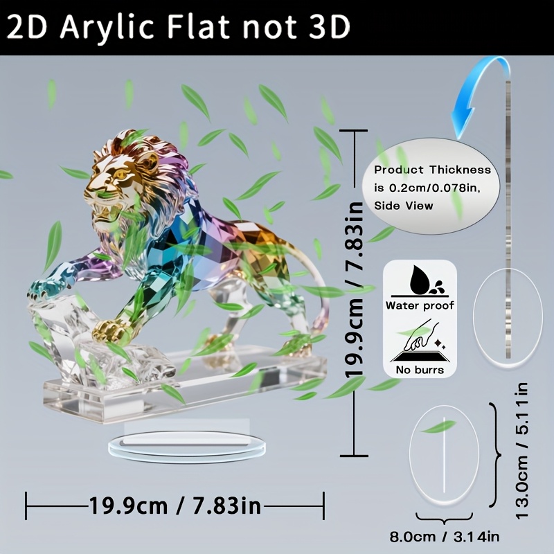 TEMU 2d Flat, 2d Flat 1pc, Lion Acrylic Sculpture With Stand, 2d Flat, Animal Statue Home Decor Art, Elegant Desktop Decoration For Home, Office,