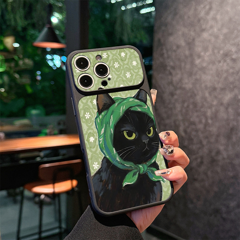 TEMU Phone Case - A Black Cat With Scarf Is Featured On This Uv Phone Case. It Boasts A With A Spacious Window, A Soft Frosted Shell That Comfortable