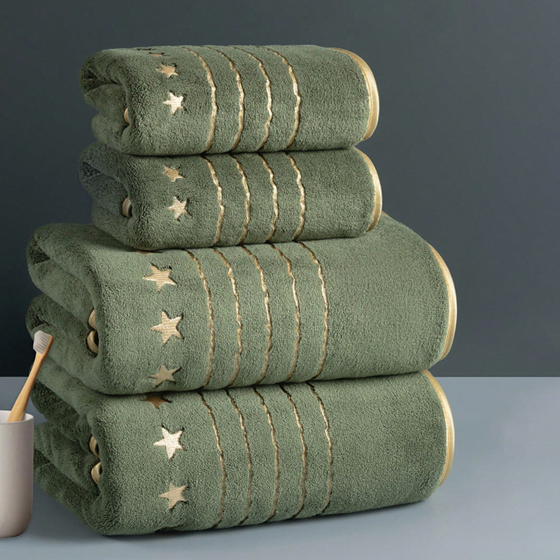 TEMU 4pcs Luxury Bath Towel Set - Quick- Pattern (green/beige) Large & Small Towels, Plush 5--like Spa Towels For S, Ideal Gift - Heavy-duty Bath