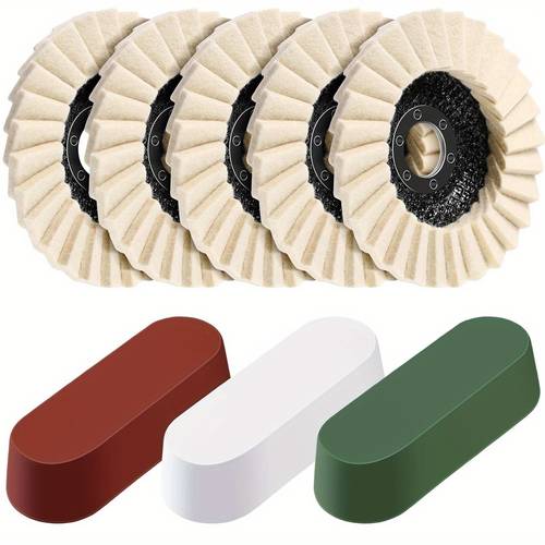 8pcs polishing wheel and compound set 5 thick shaft polishing wheels 3 polishing compounds 4 1 2 x 7 8 inch felt flap discs multi surface