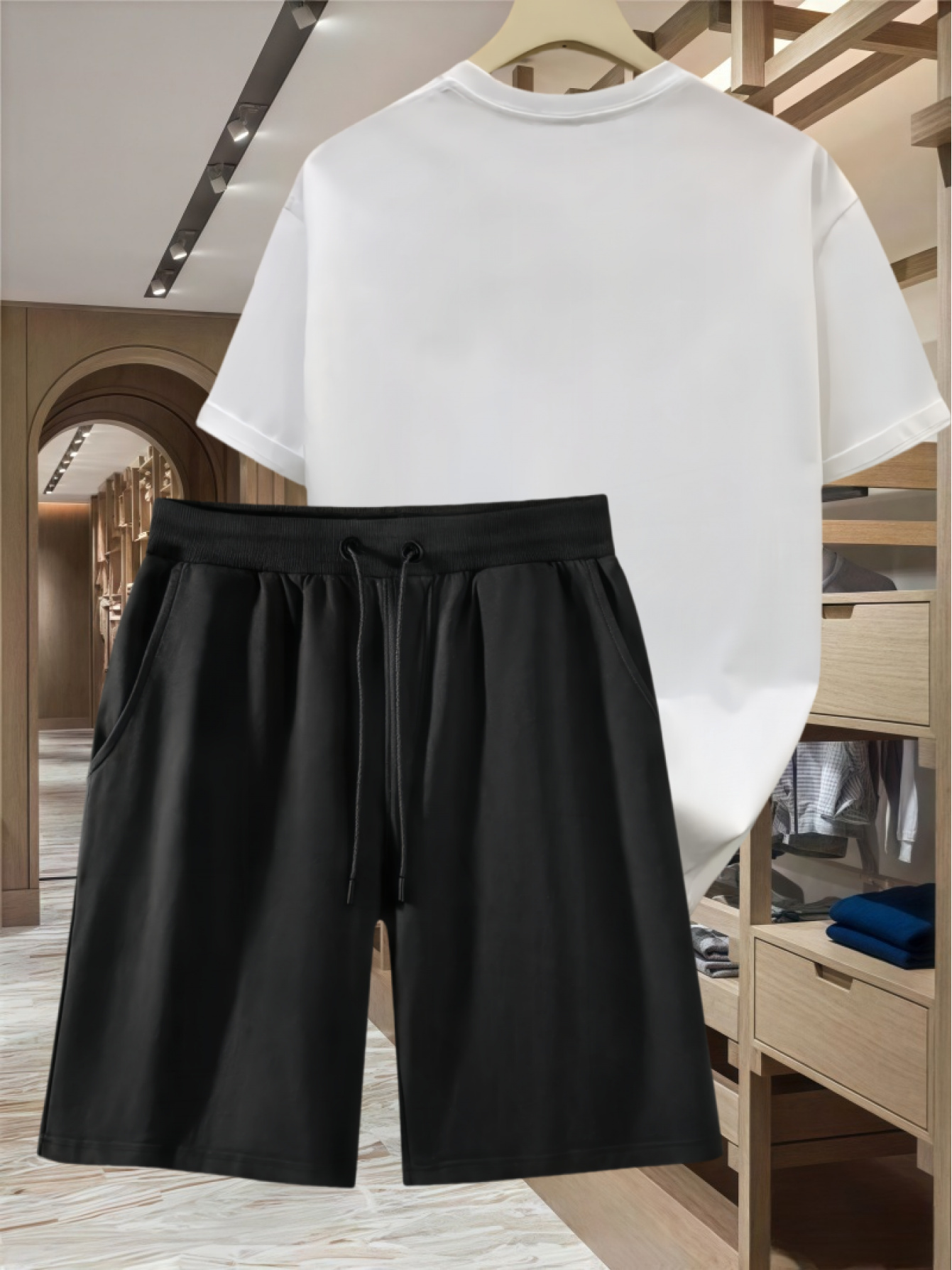Two-Piece Casual Sports Set Featuring a Loose-Fitting Round-Neck Digital Print T-Shirt And Drawstring Shorts, Suitable for Both Men And Women, Perfect for Summer Beach Activities.