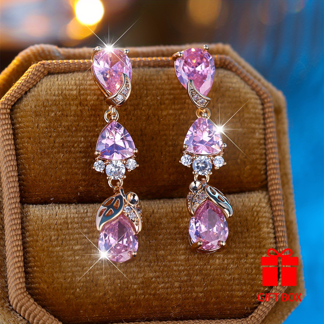 TEMU Elegant Pear Shaped Pink Synthetic Zirconia Women's Earrings - Luxurious Wedding Party Everyday Jewelry - Durable And Sparkling Accessory!, Best