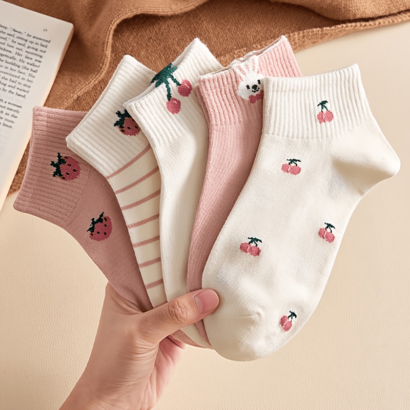TEMU 5-pair Women's Ankle Socks, Featuring Cute Pink Cherry, Strawberry, And Bunny Patterns, Designed For , , And A Style, Suitable For