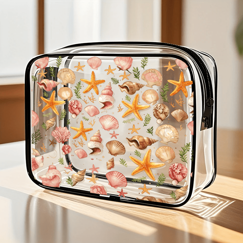 TEMU 1pc Beach Starfish And Seashell Summer Theme Snack Bag Theme Cosmetics And Toiletry Organizer - Zipper Closure, Transparent Makeup Box,