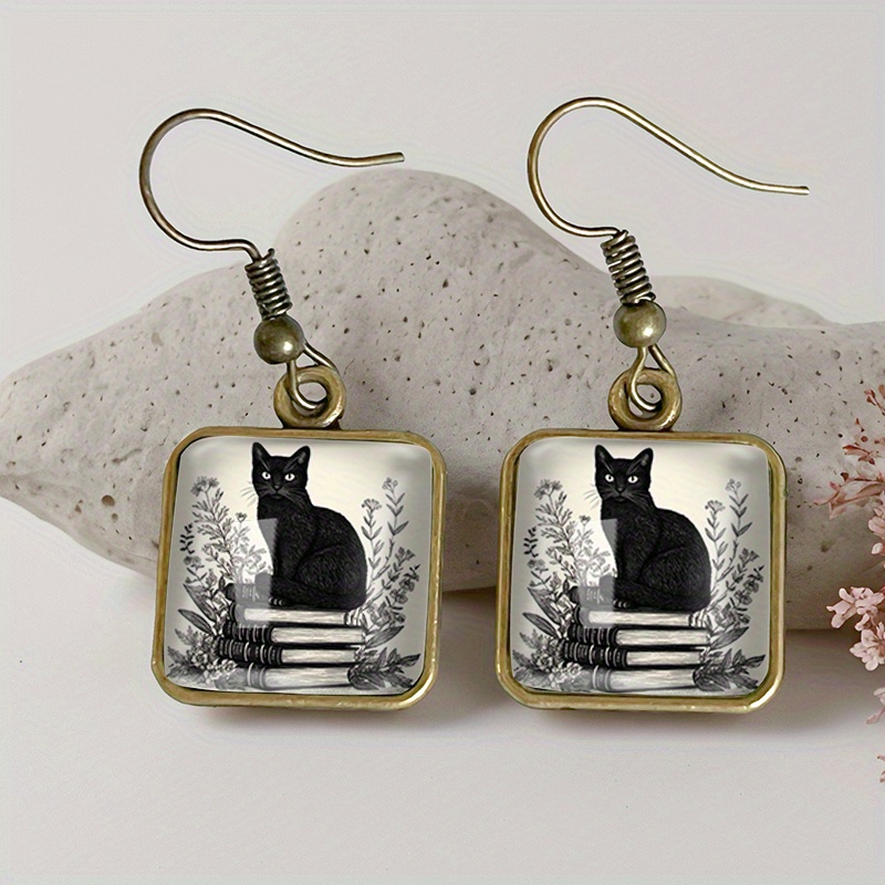 TEMU 1 Pair Cat In Books Square Earring Retro Glass Dangle Earrings Handmade Jewelry Gift For Friend