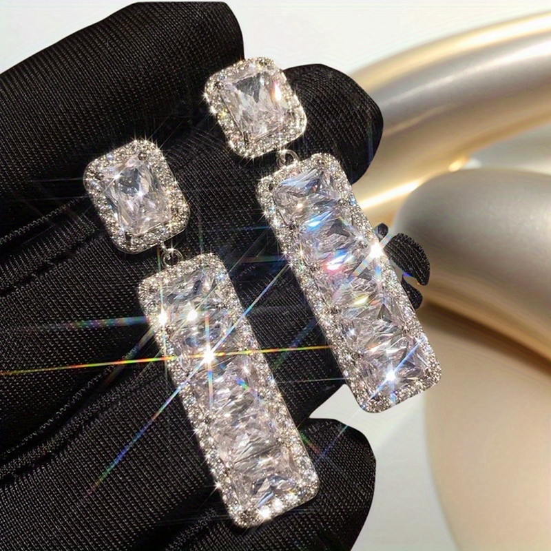 Image of Luxurious Sparkling Inlaid Zirconia Rectangular Pendant Earrings For Women Wedding Banquet Wearing High Jewelry Vacation Party Elegant Earrings