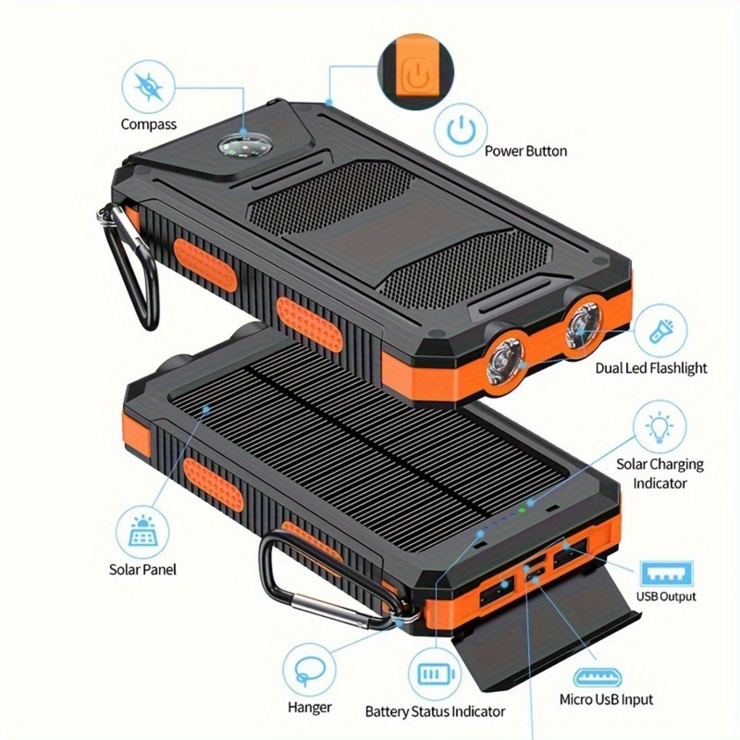 20000mah portable solar power bank portable solar mobile phone charger camping external battery charger for mobile phones 2 usb led flashlights with compass for outdoor activities