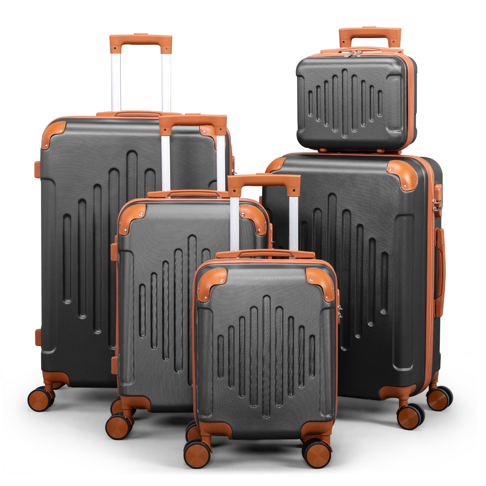 5pcs Hard Shell Luggage Set - Expandable, Lightweight Hardside Suitcase With 360° Spinner Wheels (12/16/20/24/28 Inch) - & Brown