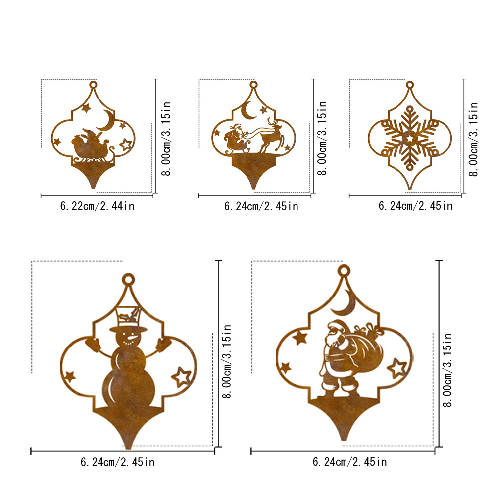 TEMU 5pcs Rusty Metal Christmas Ornaments, Diamond Frame Santa Snowman Sleigh Bird Snowflake Cutout Hanging Decor, Christmas Tree Indoor Outdoor