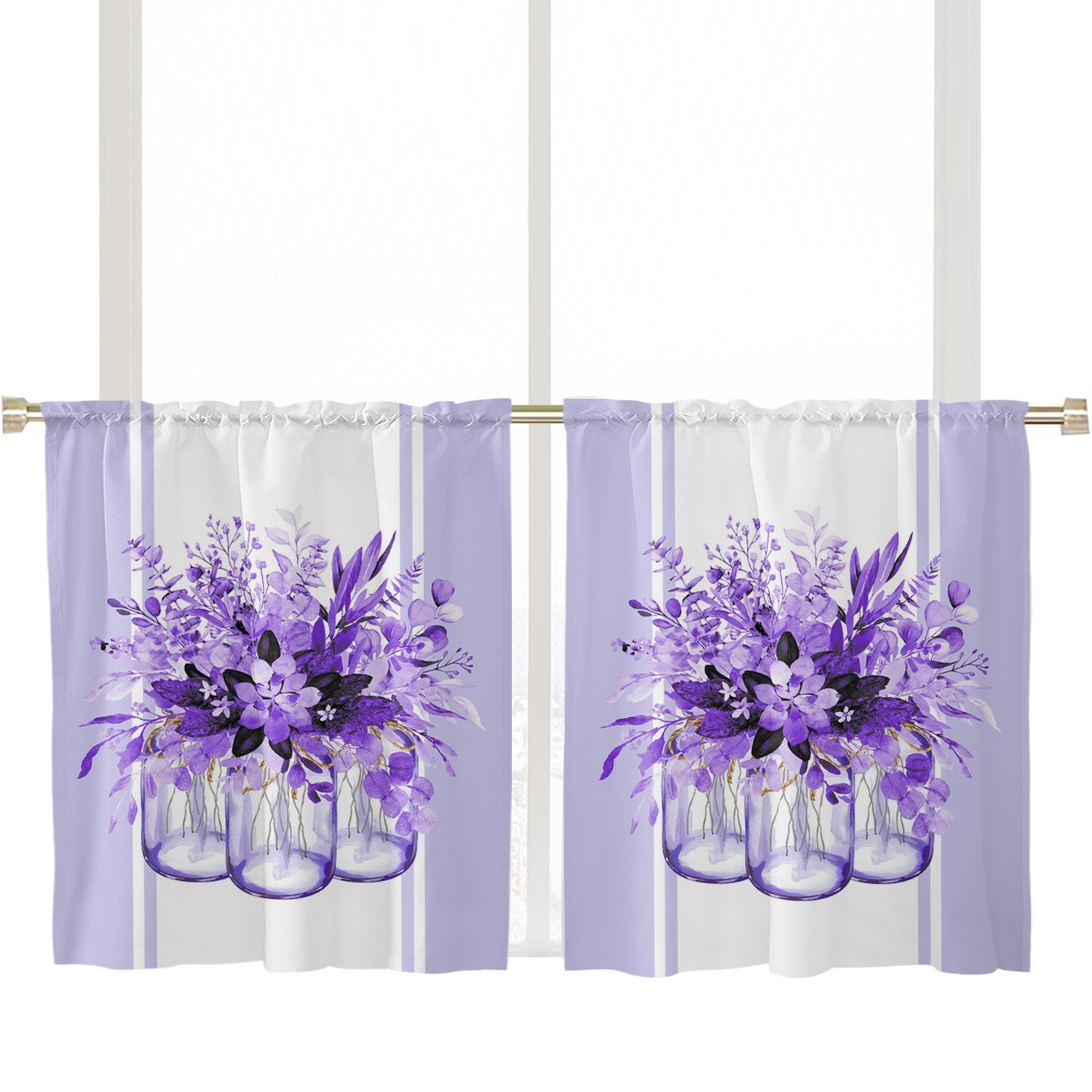 TEMU 2pcs Purple Floral Leaves And Glass Bottles Pattern Small Curtains, Kitchen Curtains Bedroom Window Short Curtains Home Decor Rod For Kitchen
