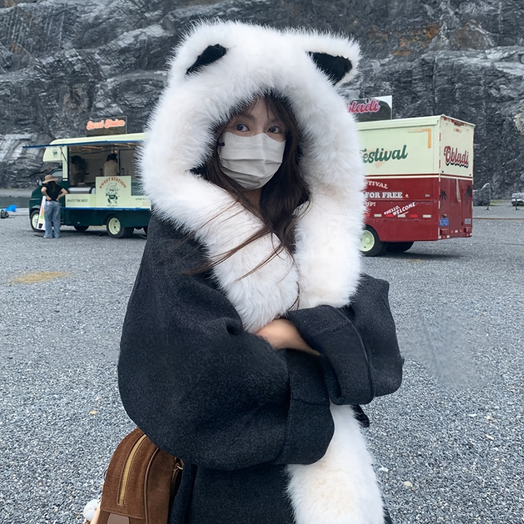 TEMU 1pc Cute Fox Ear Hat Scarf Combo, Thickened Plush Autumn Winter Cold-proof Warm Hat, Neck Warmer Smaller, Soft And Comfortable Fabric