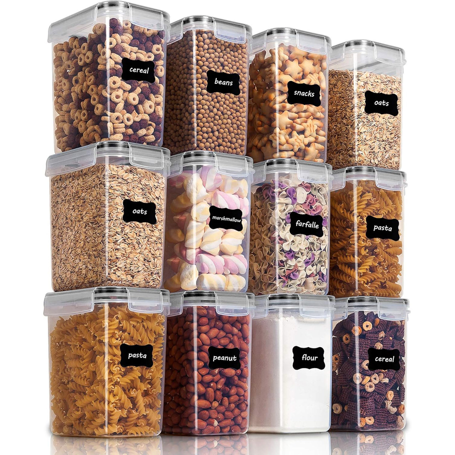 Image of 12 Pack Storage Containers Set, 1.6l Cereal Container And Food Containers, Plastic, Airtight, Dry Food Container, 24 Labels For Cereals, Flour, Sugar, Etc. (black)
