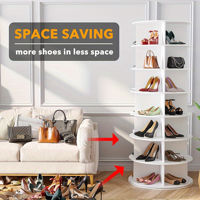 TEMU 1pc 360-degree Rotating Shoe Rack Tower - 7-tier Vertical Space-saving Shoe Organizer With Spinning Turntable Base, Heavy-duty Plastic