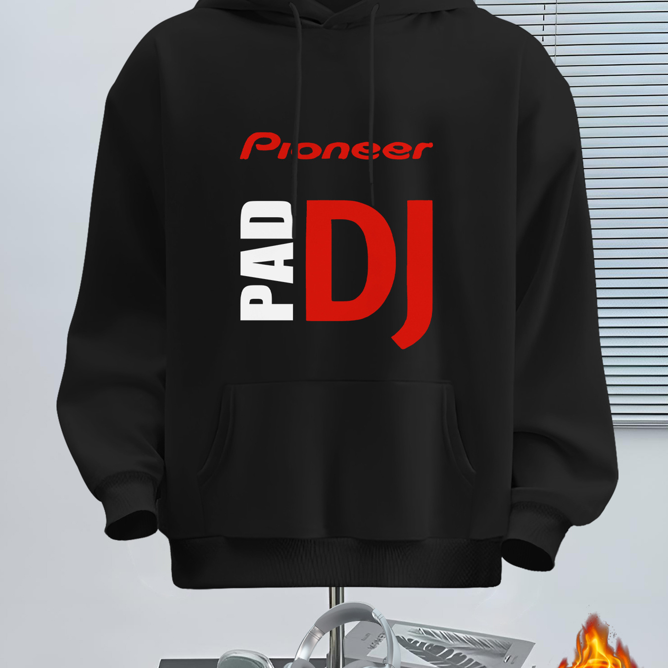 

1pc Pioneer Pad Dj Print Hoodie For Men, Casual Polyester Hooded Sweatshirt With Kangaroo Pocket, Knit Fabric Pullover, Stretch, Regular Fit, Fall/winter Collection