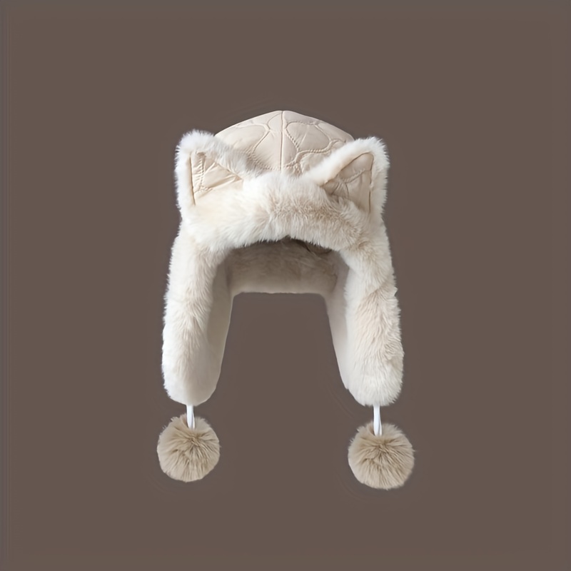 TEMU Women's Winter Hat Ears, Plush Beanie Beige/white, Stretchy Cold Weather Ear Flaps Lightweight Warm Cap